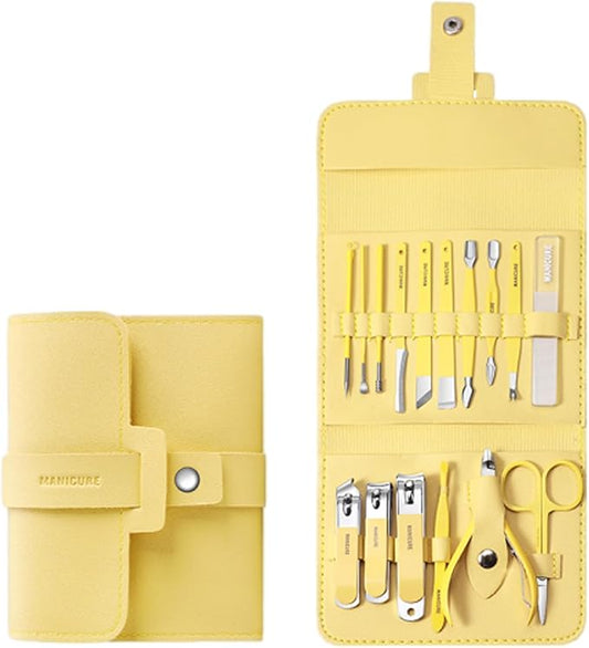 Portable Nail Clipper Set (12/16pcs), Folding Leather Nail Clipper Set, Easy Storage Manicure Kit with Clippers, Cuticle Trimmer & Care Tools, Compact Manicure Kit (Yellow 16PCS)