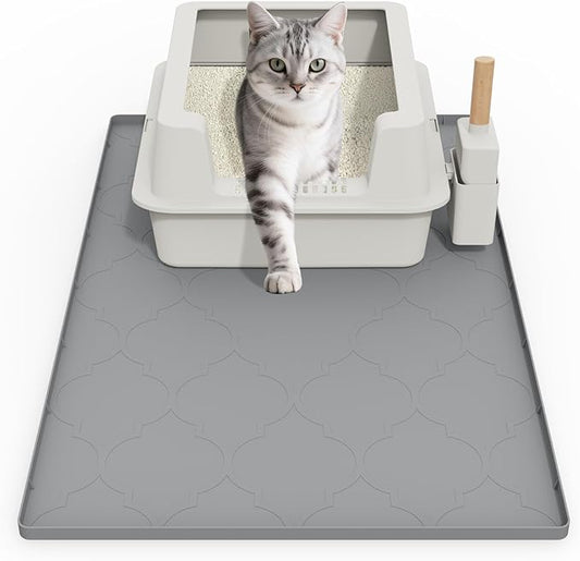 Cat Mat for Litter Box, 34" X 22" Large Silicone Cat Litter Trapping Mat, Easy Clean for Scatter Control, Soft on Kitty Paws, Waterproof, Urine-Proof, Non-Slip Kitty Litter Mat for Floor, Gray