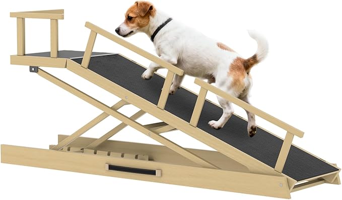 65" Foldable Dog Ramp for Bed, 6 Level（13"-32"） Heavy Duty Adjustable Dog Ramp for Car Pet Ramp with EVA Non-Slip Surface, Rest Platform & Glow Strips for Large Dogs up to 200Lbs (Wood Color)