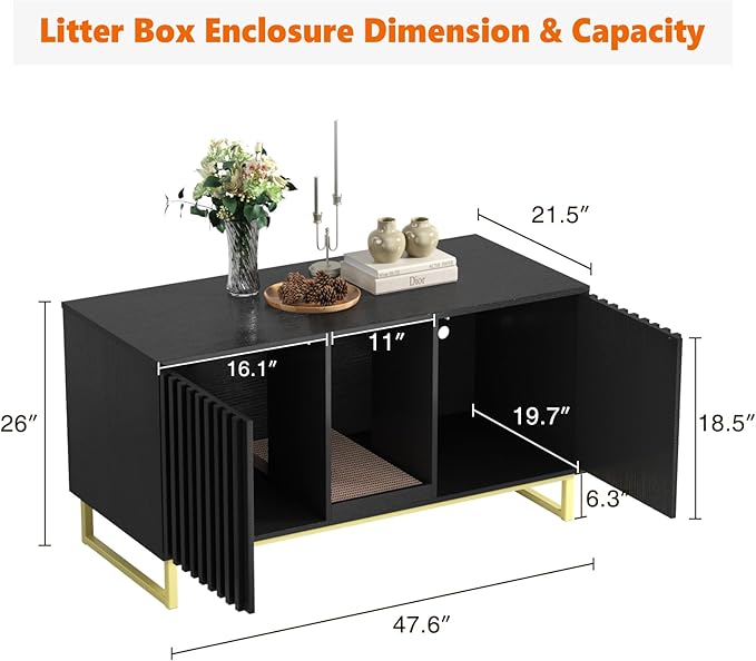 Double Litter Box Enclosure,Modern Cat Litter Box Enclosure for 2 Cats, Hidden Litter Box with Cat Scratch Pad, Cat Washroom Cat House End Table, Entryway Bench for Livingroom (Black)
