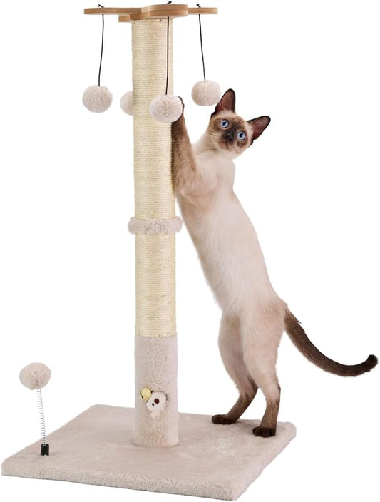 PAWSFANS Cat Scratching Post for Indoor Cats and Kittens,30inches Tall Sisal Scratch Posts with Four Hanging Ball Toys and Reinforce The Stable Base Beige