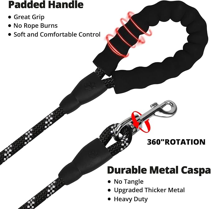 Rope Dog Leash 6 FT: Heavy Duty Leashes with Swivel Lockable Hook Reflective Threads Bungee and Padded Handle - Dog Lead for Large Small Medium Dogs Outside Walking Hiking Black
