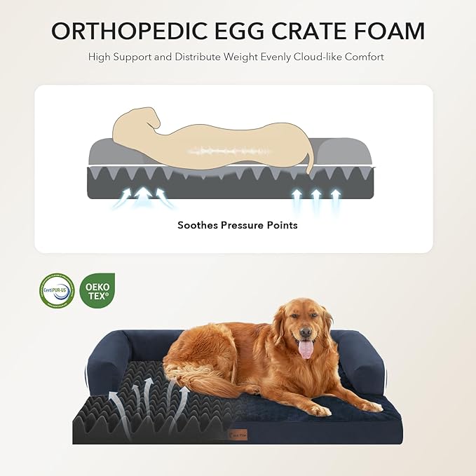 Orthopedic Dog Beds for Extra Large Dogs, Waterproof Egg Crate Foam XL Dog Bed with Sides 45x35Inch, Big Dogs Couch Beds with Removable Washable Cover and Nonskid Bottom, Navy Blue