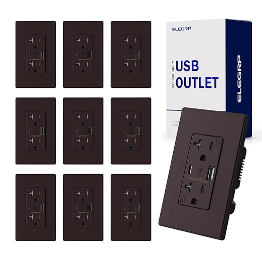 ELEGRP USB Charger Wall Outlet, USB Receptacle with USB A & USB C Ports, 20 Amp Duplex Tamper Resistant Receptacle Plug NEMA 5-20R, Wall Plate Included, UL Listed, 10 Pack, Matte Brown