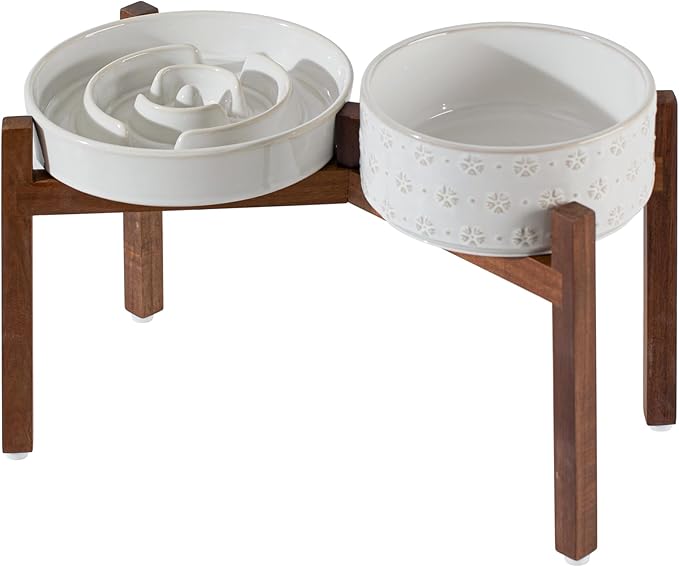 Ceramic 1.6 Cup Raised Slow Feeder Dog Bowl Set, Elevated 7.3inch Bowl and 8.2inch Dish with Acacia Wood Stand for Medium and Large Dog(2 x Reactived Glaze -White+ Stand)
