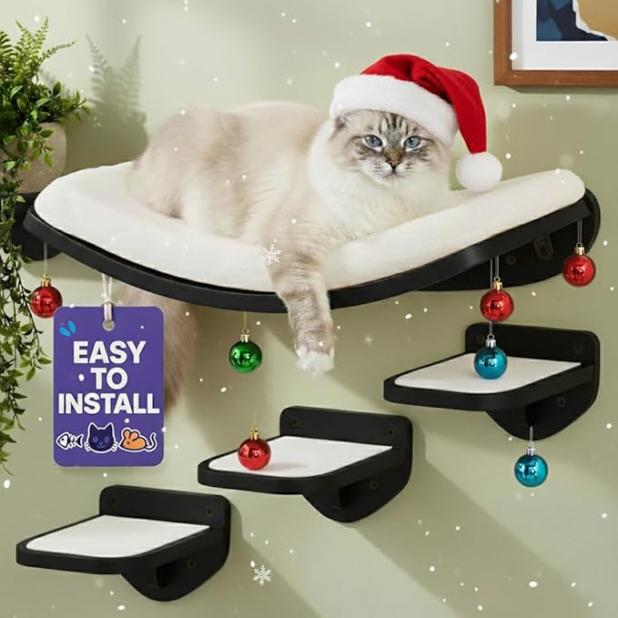 Cat Wall Shelves, Black Finish – Floating Cat Furniture with Curved Bed & Steps | Modern Minimalist Wood Climbing Shelves Set of 4 for Indoor Cats, Sturdy Wall-Mounted Design