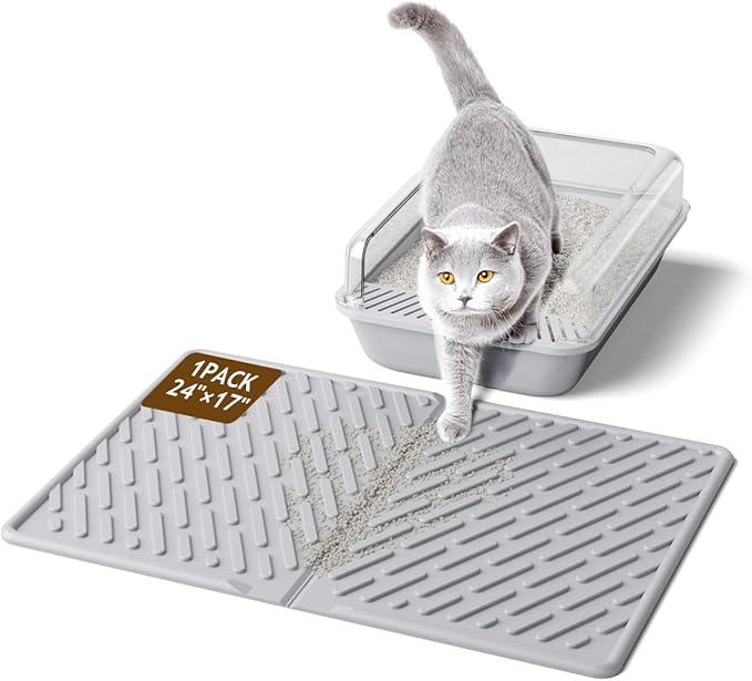 Cat Litter Mat with Grooves & Raised Edge, Urineproof/Waterproof, Foldable, Litter Scattering Control, Easy to Clean & Recycle (24 * 17in-Grey-1 Pack)