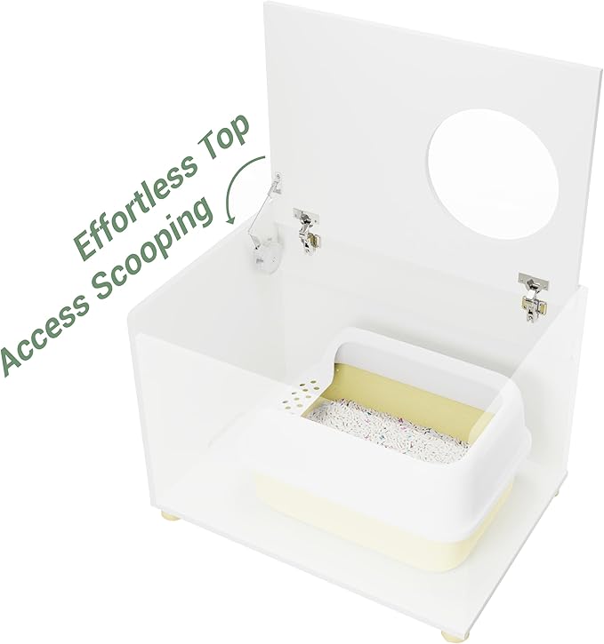 Top Entry Litter Box Enclosure, Modern Flip Top Litter Box Furniture with Cat Scratch Mat, Side Table (White)