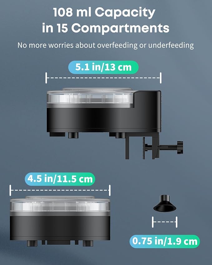 Pawfly Aquarium Automatic Fish Feeder, 108 mL Food Dispenser for Pellets Powder and Granules, Adjustable Timer Feeder for Fish Tank, Battery Powered (Batteries Not Included)