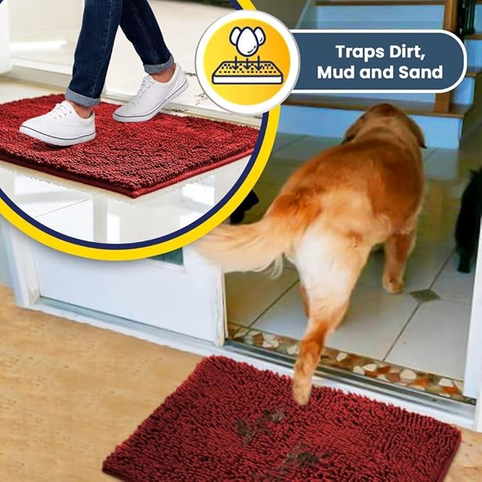 Muddy Mat® AS-SEEN-ON-TV Highly Absorbent Microfiber Door Mat and Pet Rug, Non Slip Thick Washable Area and Bath Mat Soft Chenille for Kitchen Bathroom Bedroom Indoor and Outdoor - Red 24" x 120"