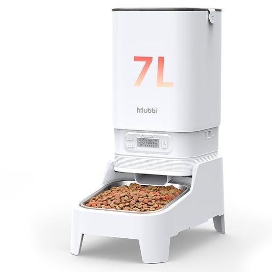 Automatic Cat Feeder, Elevated Automatic Dog Feeder, 7L Cat Food Dispenser, No-Jam, Up to 6 Meals for 2-15 mm Dry Food, Stainless Steel Bowl, No Spinal Pressure, Easy to Clean