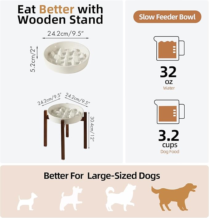 Ceramic 1.6 Cup Raised Slow Feeder Dog Bowl Set, Elevated Acacia Wood Stand for Medium and Large Dogs, 8.2inch Slow Pet Dish for Fast Eaters(1 Bowl & Stand, Vanilla White)