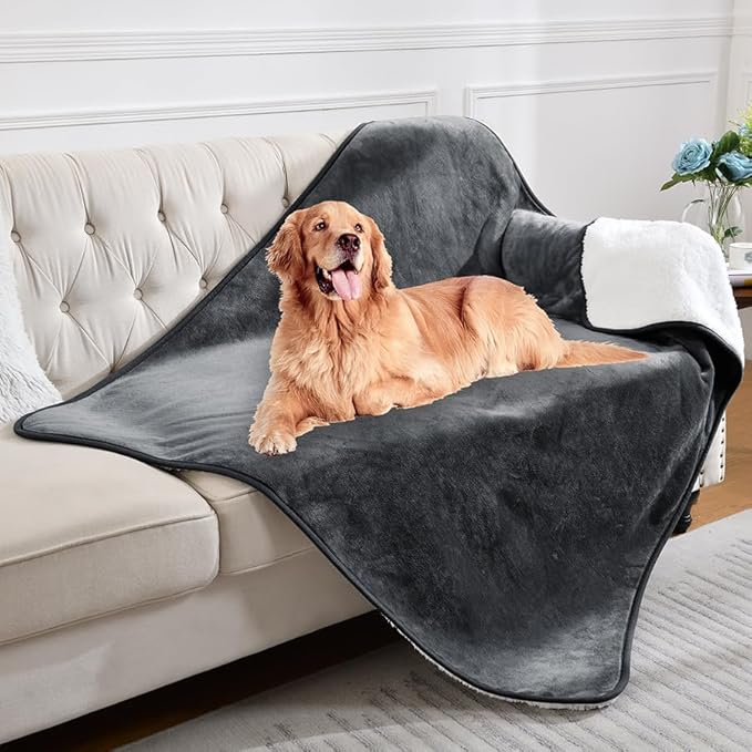 Waterproof Blanket for Bed Couch Sofa, Soft Liquid Pee Proof Pet Blanket for Dog Puppy Cat, Reversible Sherpa Fleece Furniture Protector (Dark Grey, 50x60 inches)