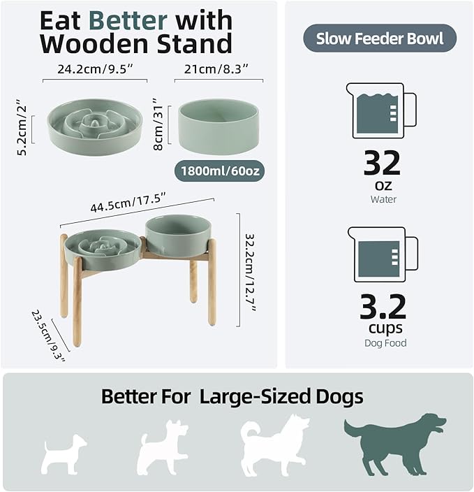 3.2 Cup Ceramic Raised Slow Feeder Dog Bowl Set, Elevated 8.2inch Bowl and 9.5inch Puzzle Slow Food Dish with Wooden Stand for Large Dog, Anti-Gulping (2 x Light Green+ Stand)