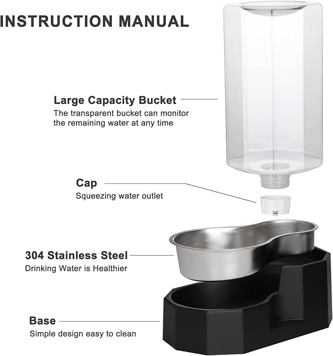 Sfozstra Large Dog Water Dispenser: 8L Automatic Black Stainless Steel Water Feeder with Specialized Brush - Gravity Design for Pets with Joint Issues - Use in Living Room Bedroom