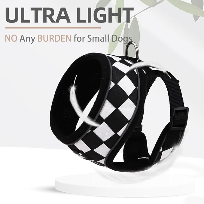 PUPTECK Soft Mesh Dog Harness and Leash Set Pet Puppy Cat Comfort Padded Vest No Pull Harnesses, Checkered Black&White, S