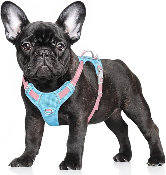 BARKBAY No Pull Dog Harness Large Reflective Dog Harness with Front Clip and Easy Control Handle for Walking Training Running with ID tag Pocket(Baby Blue & Baby Pink,S)
