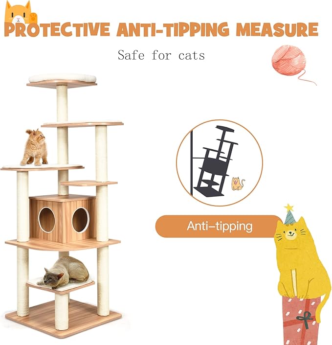 PETSITE 69 Inches Tall Cat Tree, Modern Wooden Cat Tower with Sisal Scratching Posts, Double-Entry Cat Condo, Multiple Jumping Platforms with Removable Soft Pads, Ideal for Indoor Cats Large Adult