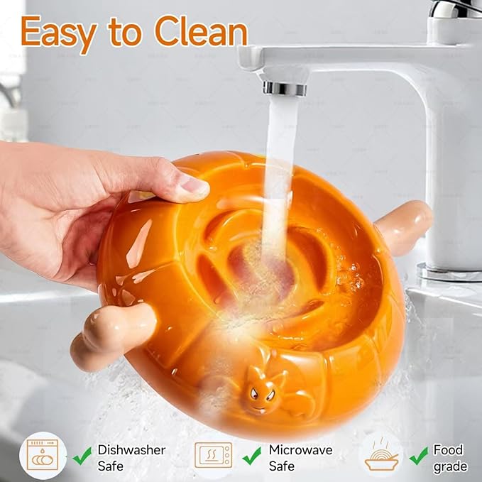 Dog Bowls Slow Feeder Ceramic, Pumpkin-Shaped & The Bone Handle Design,1.5 Cups Small Medium Breed, Slow Feeder for Fast Eater, Dog Dishes to Slow Down Eating, Orange