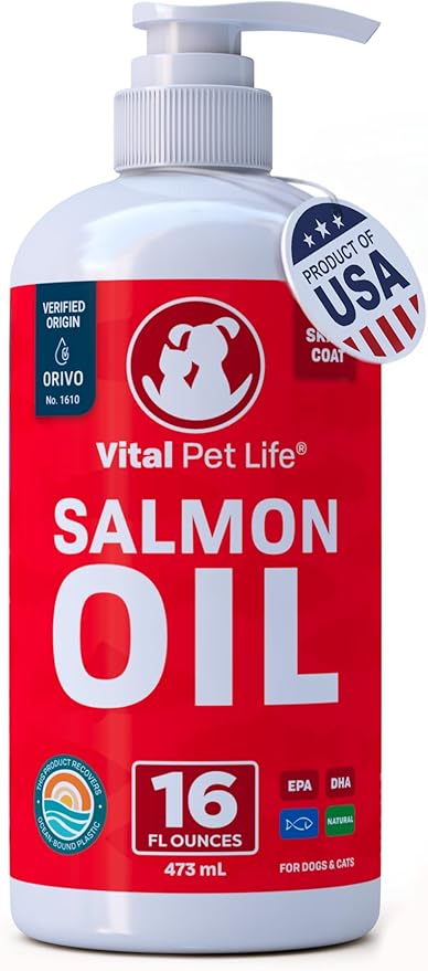 Salmon Oil for Dogs & Cats - Healthy Skin & Coat, Fish Oil, Omega 3 EPA DHA, Liquid Food Supplement for Pets, Supports Joint & Bone Health, Natural Allergy & Inflammation Defense, 16 oz