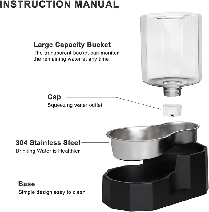 Sfozstra Gravity Water Bowl Dispenser : Automatic 5L Black Cat Stainless Steel Feeder with Specialized Brush - for Dogs with Joint Problems - Suitable in Garage Bedroom