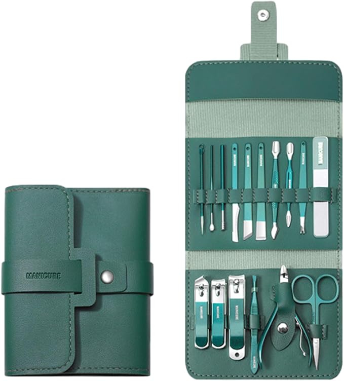 Portable Nail Clipper Set (12/16pcs), Folding Leather Nail Clipper Set, Easy Storage Manicure Kit with Clippers, Cuticle Trimmer & Care Tools, Compact Manicure Kit (Green 16PCS)