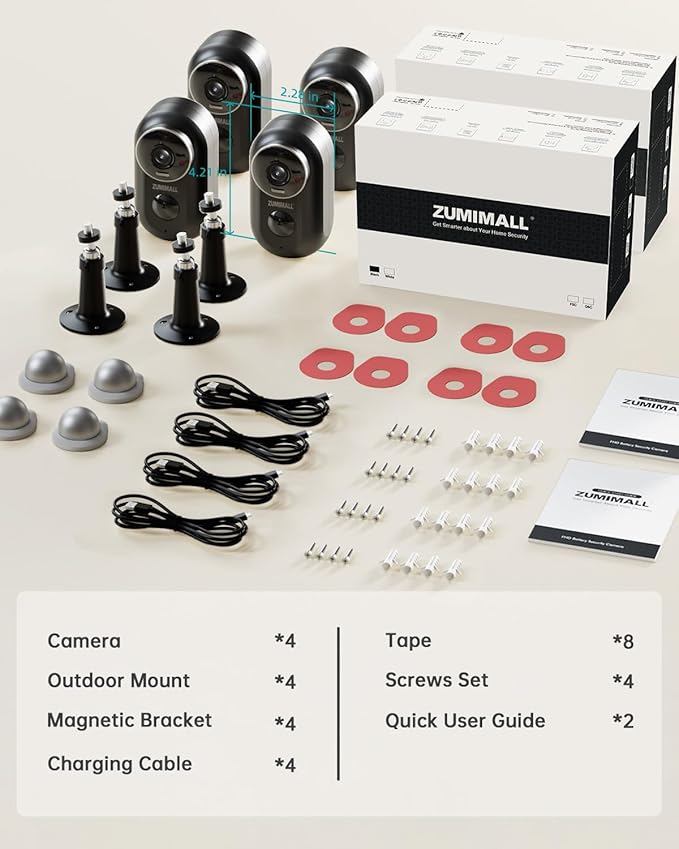 ZUMIMALL Security Cameras Wireless Outdoor, 4 Packs, 2K Cameras for Home Security, Outdoor/Indoor Camera Battery Powered, 2.4G WiFi, Magnetic Mount,3MP Color Night Vision/Siren/PIR/AI/Cloud/Alexa