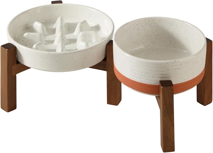 Ceramic 1.2 Cup Raised Slow Feeder Dog Bowl Set, Elevated 6.1inch Bowl and 7.3inch Slow Feeder Dish with Acacia Wood Stand for Small and Medium Dogs (2 x Vanilla White+ Stand)