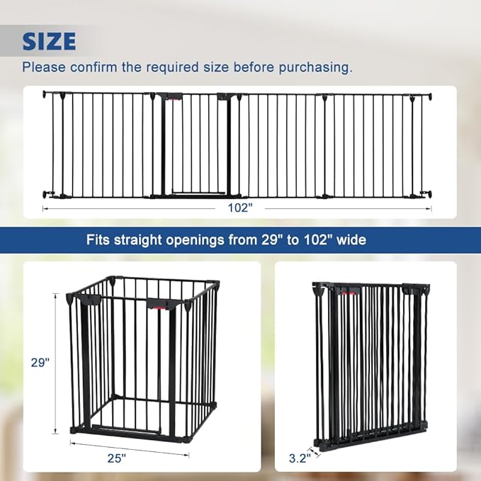 Freestanding Dog Gates with Door Walk Through, Extra Wide Doggy Door 100" W x 29" H Pet Gate Safty 4 Panels Dog Fence for Stairs, Doorways