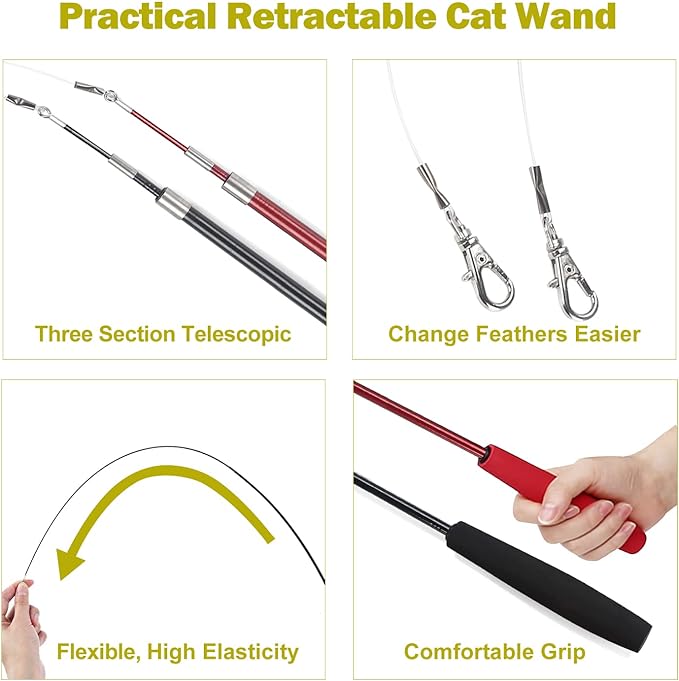 Cat Toys for Indoor Cats, Interactive Cat Toy 2PCS Retractable Wand Toy and 9PCS Cat Feather Toys Refills, Funny Kitten Toys Cat Fishing Pole Toy for Bored Indoor Cats Chase and Exercise