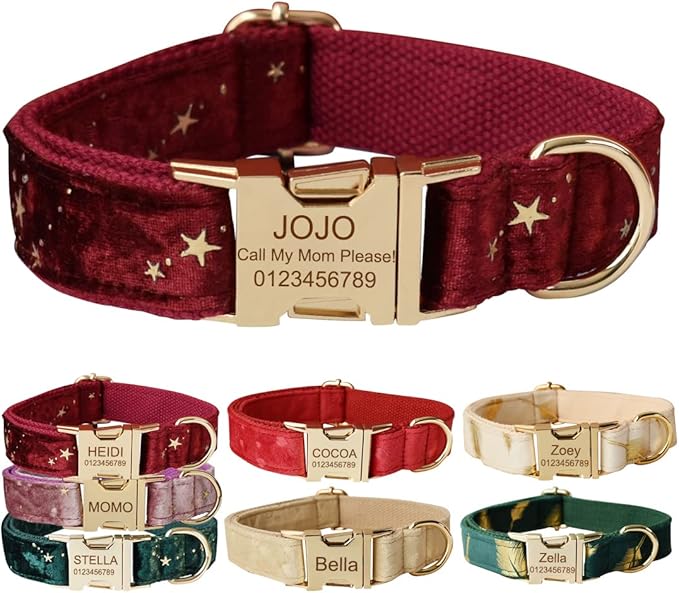 Custom Dog Collar with Metal Buckle - Pet Collars Personalized with Name and Phone Number (Velvet Print)