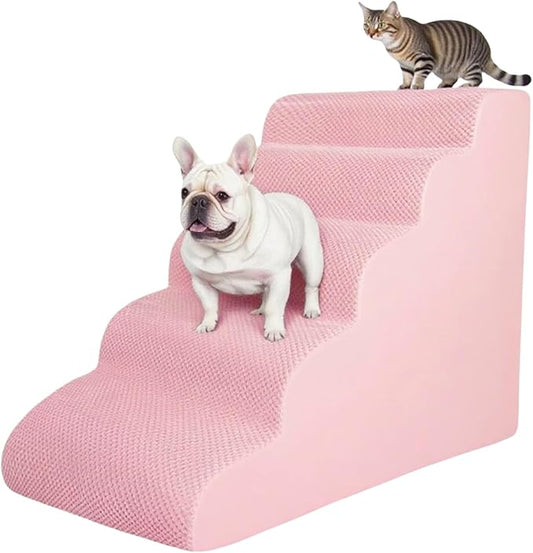 5 Step Pet Stairs Ramp for High Beds Sofas 23-30 Inch with Sturdy Non Slip Waterproof Pads, Machine Washable Cover Indoor Balanced Design for Cats Dogs Small Medium Large XL Pets Pink, Large
