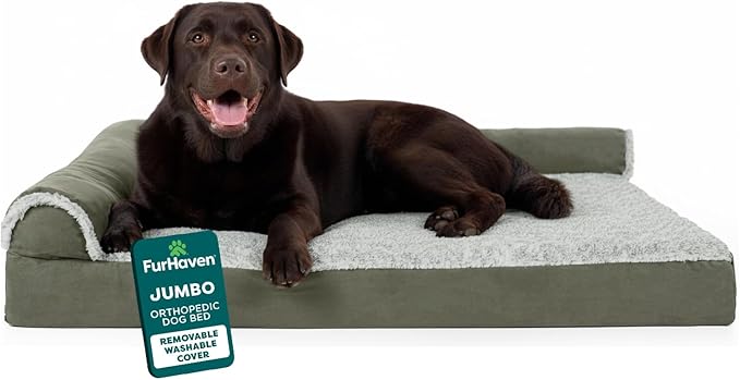 FurHaven Orthopedic Dog Bed for X-Large Dogs, L-Shaped Chaise Contour Mattress with Egg Crate Orthopedic Memory Foam for Joint Support, Removable Washable Cover, Jumbo XL, Faux Fur & Suede, Dark Sage
