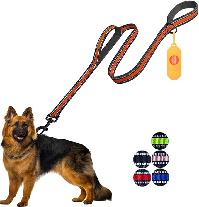 JSXD Heavy Duty Double Handle Dog Leash - 5 FT with Padded, Reflective Rope for Small to Large Dogs (Wide-Orange)