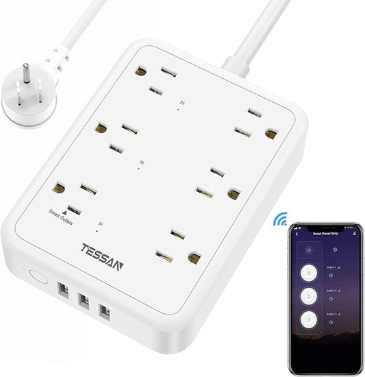 Smart Power Strip, TESSAN WiFi Flat Plug Strip with 3 Smart Outlets and 3 USB Ports, 6 Feet Extension Cord, Only 2.4 GHz Wi-Fi, Compatible with Alexa and Google Home, White