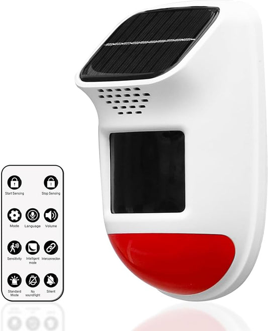 Solar Motion Sensor Alarm - 120dB IP65 Waterproof Security Siren with Remote & Strobe Light, 3 Modes for Yard/Farm/Home, 5-8m Pet-Friendly Detection (Animal Sound (Or You can add Your own Voice))