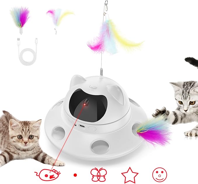 3-in-1 Cat Laser Toy & Interactive Automatic Motion-Activated Kitten Toy – 6 Holes Whack-A-Mole Feather & Moving Ambush Fun – USB Rechargeable, Apply To – Indoor Exercise for Cats of All Breeds