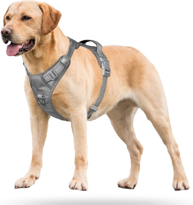 PoyPet No Pull Dog Harness, No Choke Reflective Dog Vest, Adjustable Pet Harnesses with Easy Control Padded Handle for Small Medium Large Dogs(Gray,M)