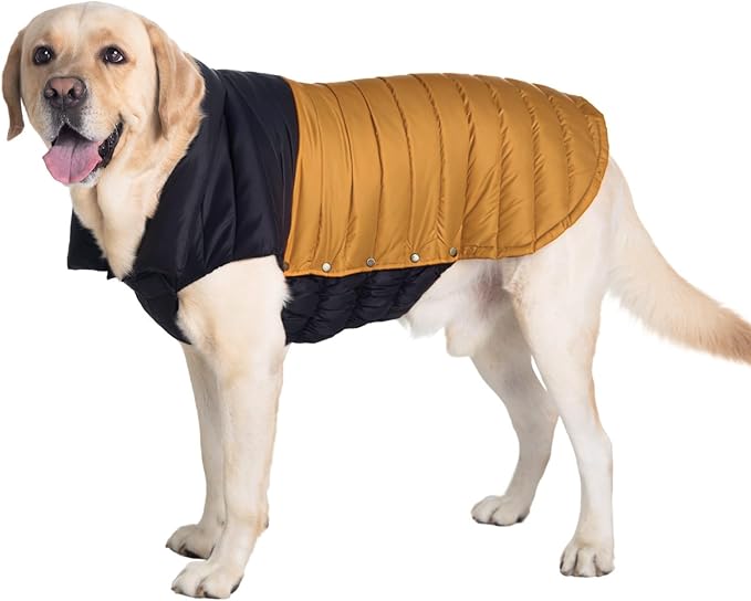SPACE LION Dog Puffer Jacket, Down Winter Coat, Durable Outdoor Coat for Cold and Windy Conditions, Lightweight & Adjustable Fit Coats for Large Dogs, (BlackKhaki, Size28/4XL)