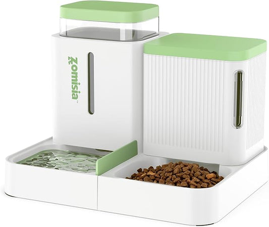 Gravity Cat Feeder and Water Dispenser, 2 in 1 Cat Self Feeder with 180 Degree Rotatable, Automatic Feeding Large Capacity for Small Medium Dog Puppy Kitten, White & Green, 0.8 Gallon x 2