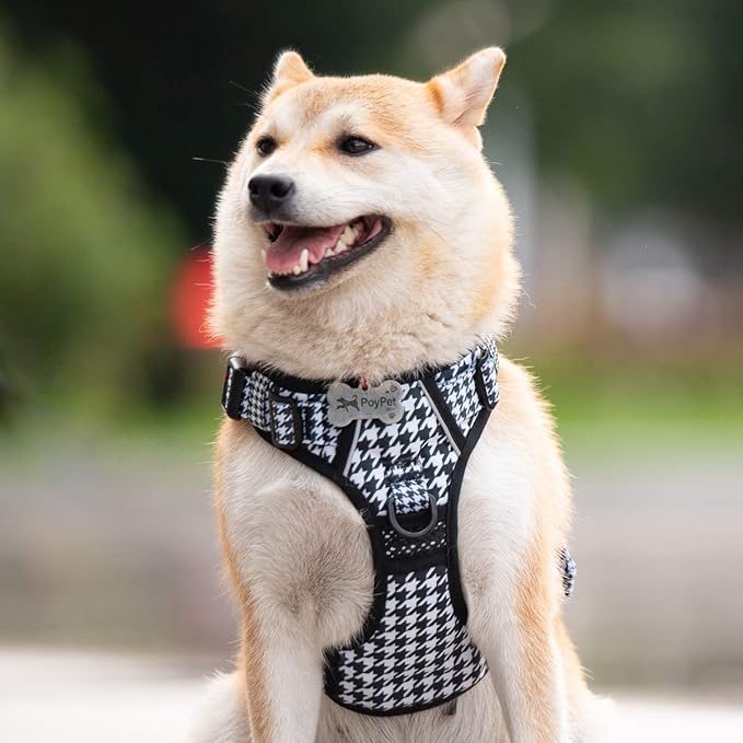 PoyPet No Pull Dog Harness, [Release on Neck] Reflective Adjustable No Choke Pet Vest with Front & Back 2 Leash Attachments, Soft Control Training Handle for Small Medium Large Dogs(Houndstooth,XS)
