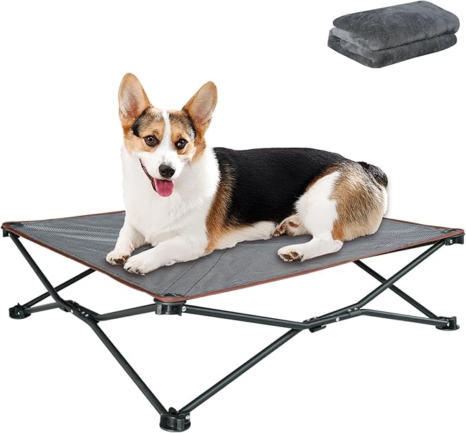 unp Folding Dog Cot - 26.7 x 26.7 x 10 inch Elevated Breathable mesh Dog Bed, Dog Chair with Removable Plush Cover & Carrying Bag for Corgi... (Grey, M)