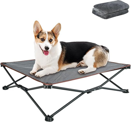 unp Folding Dog Cot - 26.7 x 26.7 x 10 inch Elevated Breathable mesh Dog Bed, Dog Chair with Removable Plush Cover & Carrying Bag for Corgi... (Grey, M)