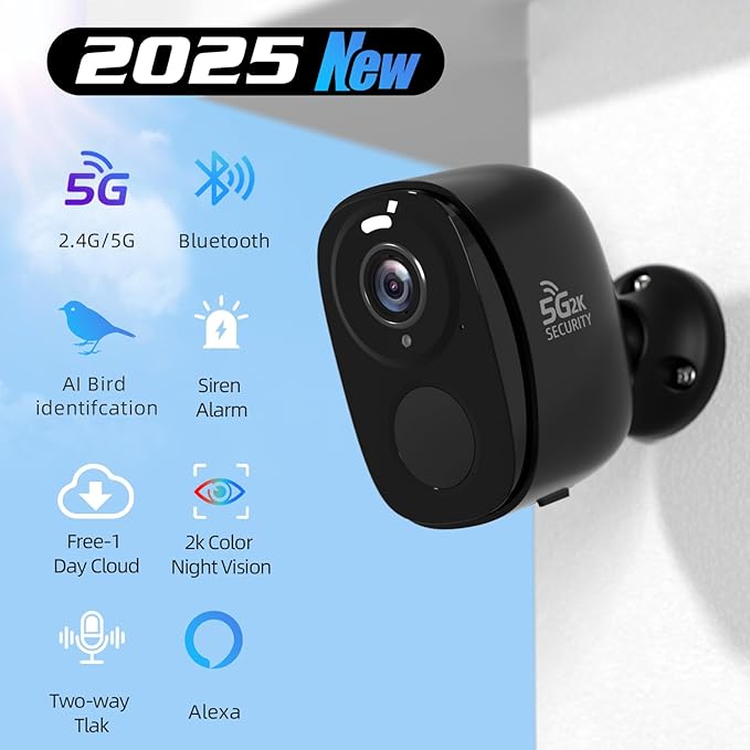 Rraycom 5G/2.4G WiFi Security Cameras Wireless Outdoor, 2K Battery Powered AI Motion Detection Siren Alarm Home Indoor Camera,Color Night Vision, 2-Way Talk, IP65 Waterproof, Works/Alexa, Cloud/SD