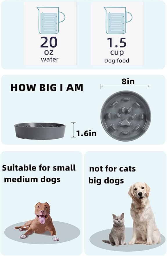 HAOTOP Ceramic Fun Slow Feeder Bowl, Porcelain Slow Eater Bowl for Medium Sized Dogs (Grey)