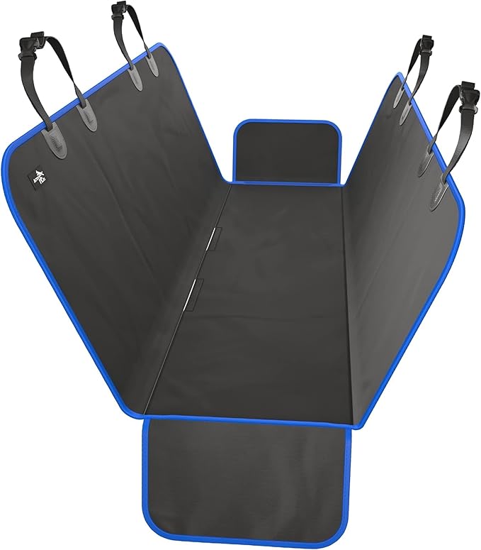 Active Pets Waterproof Hammock Standard Car Seat Cover, Fits Sedans Hatchbacks Crossovers Coupes Compact Vehicles, Secure Convertible Travel Bed Protects Backseat Cargo from Dogs, Black w/Blue Trim