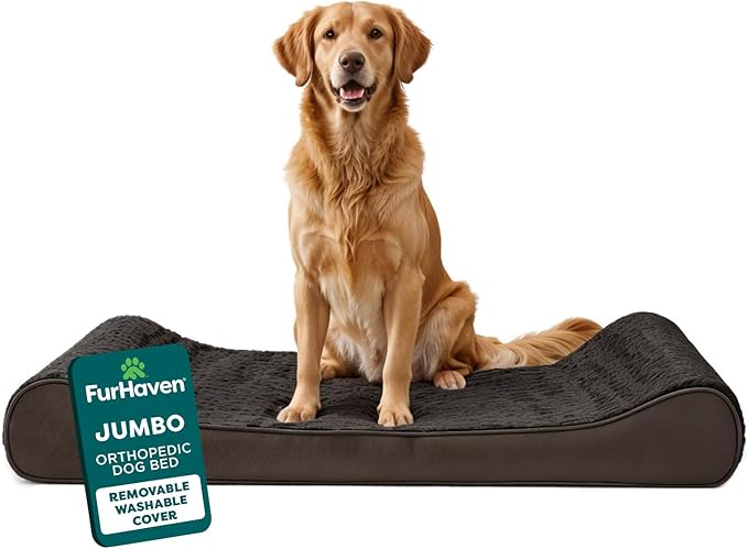 FurHaven Orthopedic Dog Bed for Large Dogs, Luxe Lounger Contour Mattress with Solid Orthopedic Foam Slab for Joint Support, Removable Washable Cover, Jumbo XL, Plush Suede, Chocolate