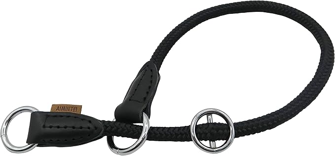 Braided Round Martingale Dog Collar, Training Collar with Slidable Stop Ring - Ideal for Small Medium Dogs (M- (1/3") - 18" Long, Black)
