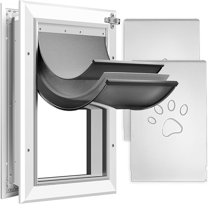 [Petoasis] 3-Flaps Heavy-Duty Dog Door, Rust Proof Aluminum Alloy Frame, Extreme Weather Dog Door Can Block Wind, Snow, and Rainwater Intrusion (Silvery White, Large for Door)