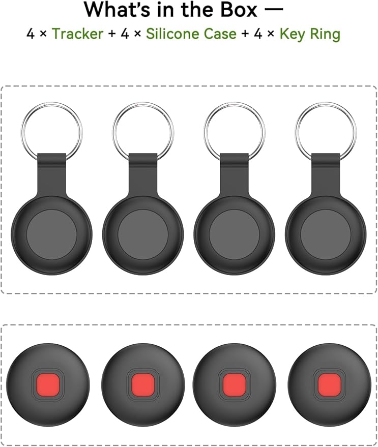 Air Tracker Tags for Android & iPhone, Bluetooth Item Finder Compatible with Apple Find My and Android Find Hub, 4 Pack Anti-Lost Dog/Pet/Key Tracker Tags with IP67 Waterproof Silicone Cases